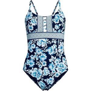 Land's End lace up one piece swimsuit tie back deep sea navy painted floral 14